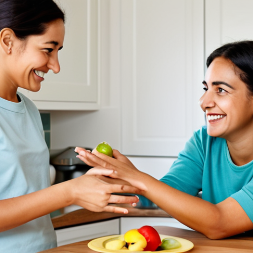 Home 4 A cheerful toddler with bright eyes and a curious expression, fully clothed in modest, comfortable playwear, is gently guided by two smiling adult caregivers in appropriate casual attire. They are in a warmly lit, child-friendly home setting, possibly a modern kitchen or living room, engaging in a simple daily learning activity like identifying shapes or colors. The scene radiates a positive, nurturing atmosphere. Professional photography, high detail, perfect anatomy, correct proportions, natural pose, well-formed hands, proper finger count, natural body proportions, safe for work, appropriate content, fully clothed, modest, family-friendly.