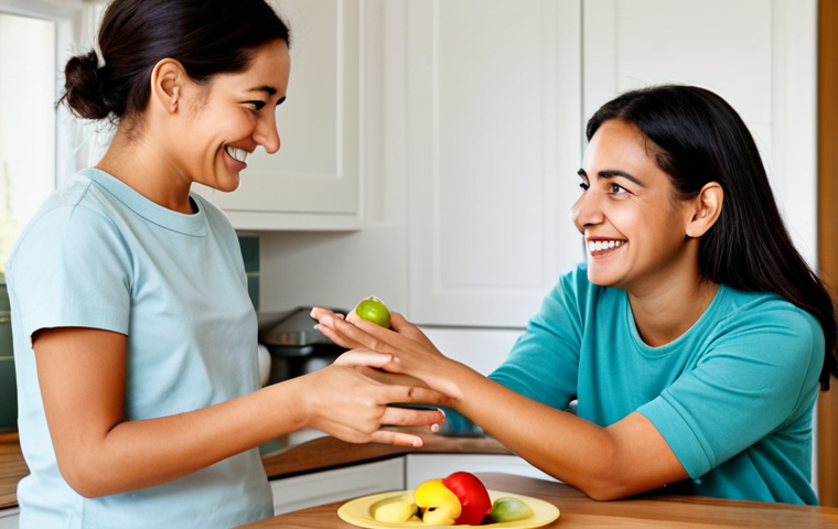 A cheerful toddler with bright eyes and a curious expression, fully clothed in modest, comfortable playwear, is gently guided by two smiling adult caregivers in appropriate casual attire. They are in a warmly lit, child-friendly home setting, possibly a modern kitchen or living room, engaging in a simple daily learning activity like identifying shapes or colors. The scene radiates a positive, nurturing atmosphere. Professional photography, high detail, perfect anatomy, correct proportions, natural pose, well-formed hands, proper finger count, natural body proportions, safe for work, appropriate content, fully clothed, modest, family-friendly.