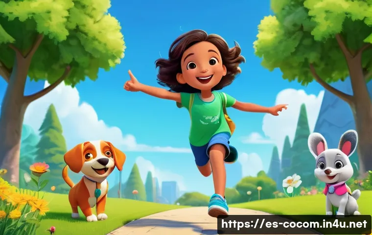 코코멜론 캐릭터별 주요 스토리 - A vibrant and cheerful scene featuring three young animated children resembling JJ, TomTom, and YoYo...