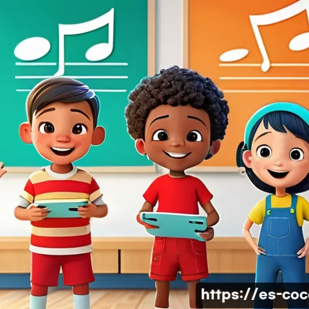 코코멜론 제작사 Moonbug Entertainment - A vibrant digital animation scene featuring diverse, cheerful children aged around 5-7 years old wea...