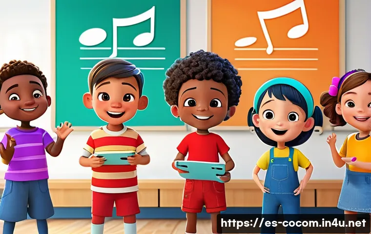코코멜론 제작사 Moonbug Entertainment - A vibrant digital animation scene featuring diverse, cheerful children aged around 5-7 years old wea...