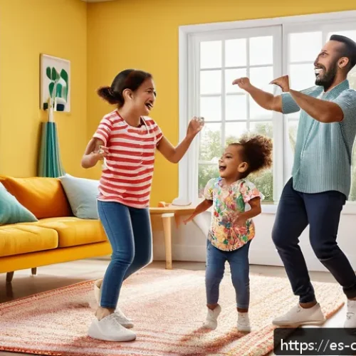 Home 32 코코멜론 노래 리믹스 버전 리뷰 - A lively family scene in a modern living room with parents and young children dancing joyfully to up...