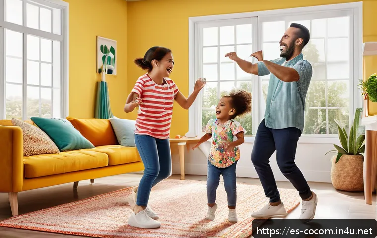 코코멜론 노래 리믹스 버전 리뷰 - A lively family scene in a modern living room with parents and young children dancing joyfully to up...