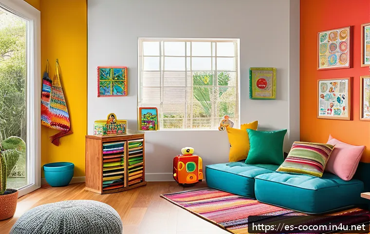 코코멜론을 보는 올바른 시간 관리법 - A cozy, well-lit children&rsquo;s playroom in a modern Mexican home, featuring a dedicated corner with sof...