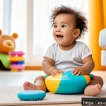 Home 23 코코멜론이 키즈 콘텐츠 시장에 미친 영향 - A cheerful toddler wearing a colorful diaper, sitting on a cozy living room floor surrounded by educ...