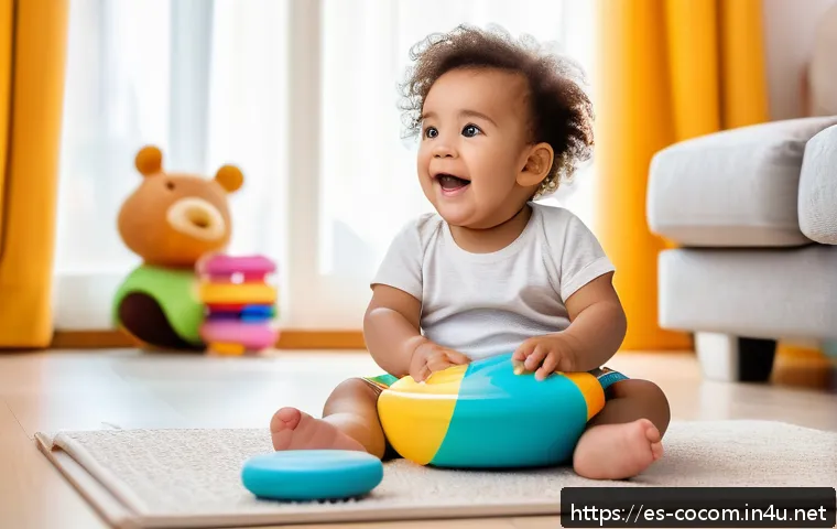 코코멜론이 키즈 콘텐츠 시장에 미친 영향 - A cheerful toddler wearing a colorful diaper, sitting on a cozy living room floor surrounded by educ...